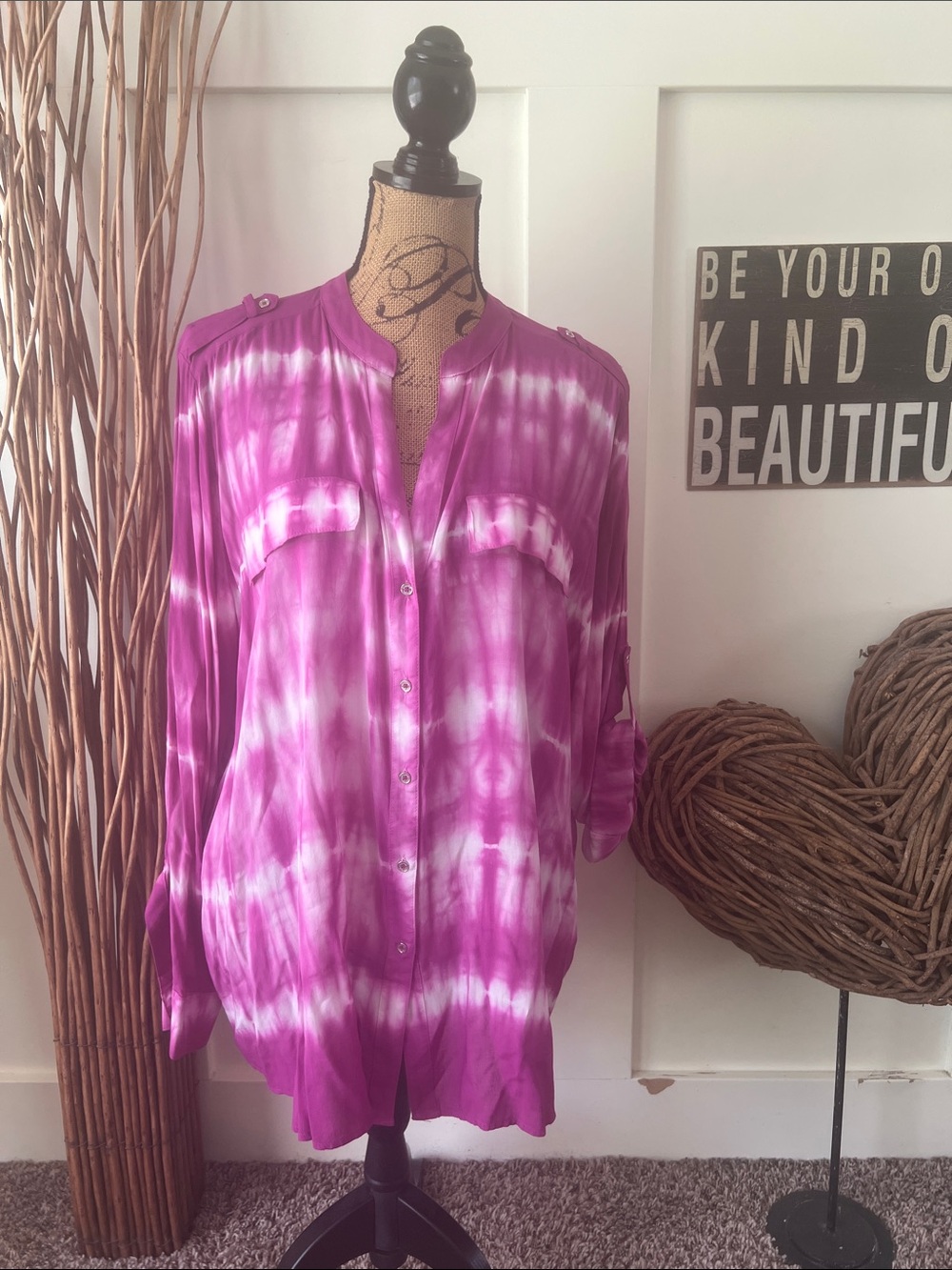 Calvin Klein Fuchsia and White Tie-Dye Button Down Shirt